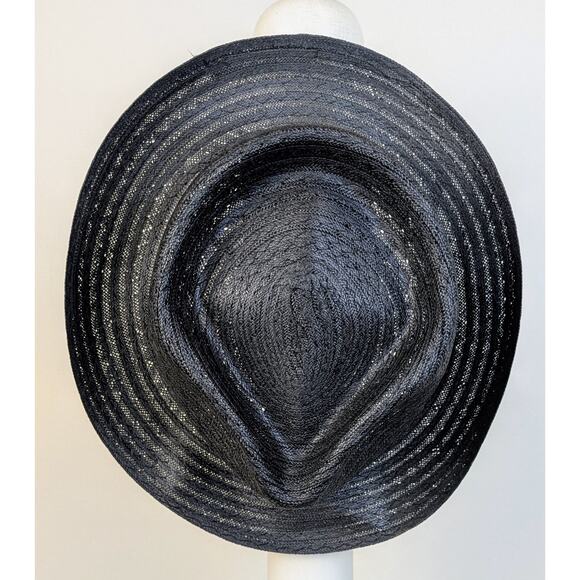 VTG Haband Black Straw Fedora Hat Medium 22" Gray Striped Hatband Made in USA - Picture 4 of 11